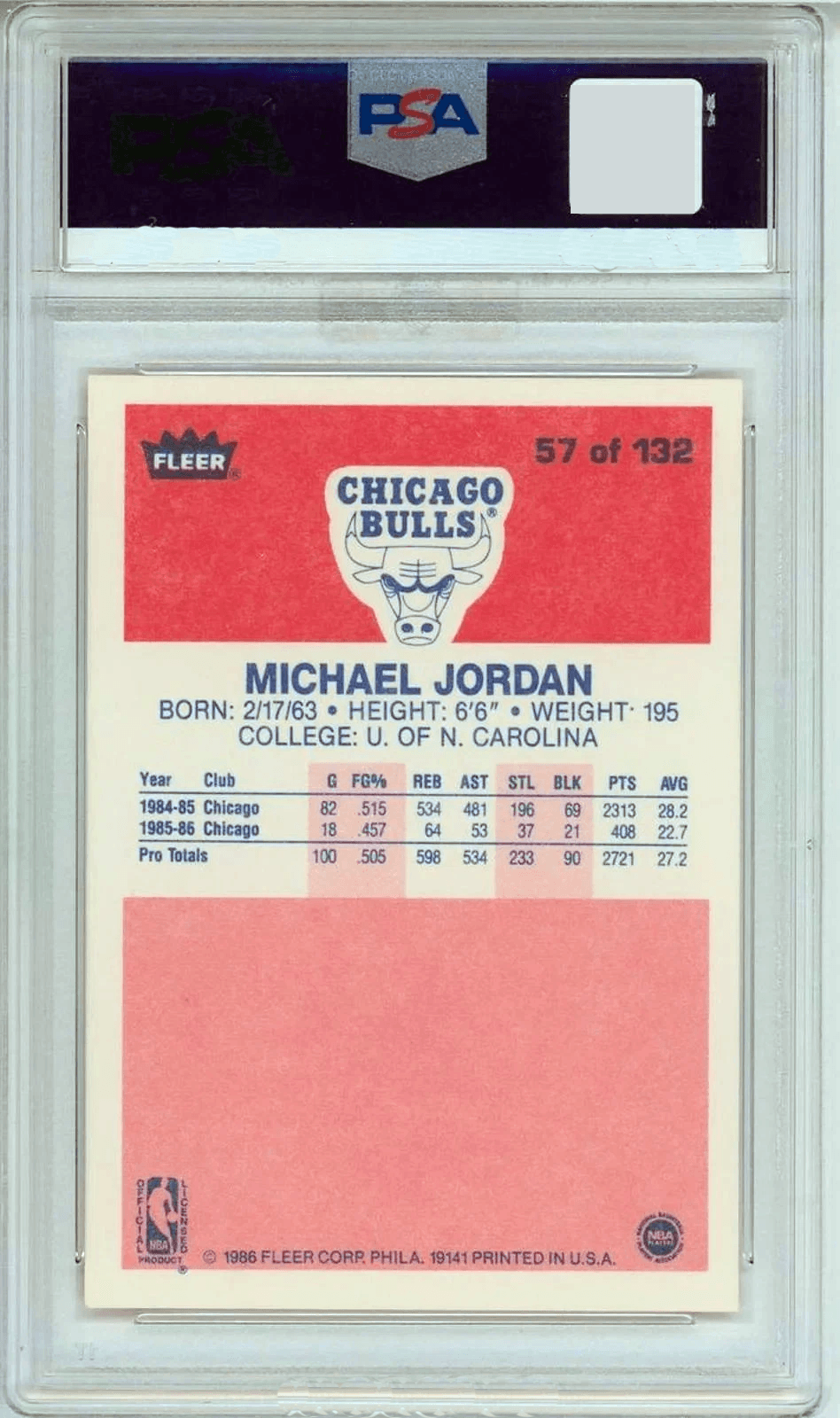 Back of 1986 Fleer Michael Jordan PSA 10